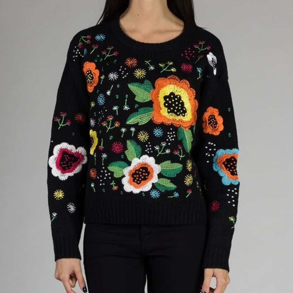 Cloth by RD Style Black Cotton Floral Embroidered Sweater Size S